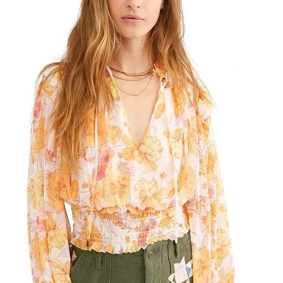 Free People Top Women Extra Small Yellow Floral Boho Beach Festival Whimsy Fairy - Picture 1 of 14
